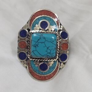 Turquoise and Tibetan Silver Statement Ring